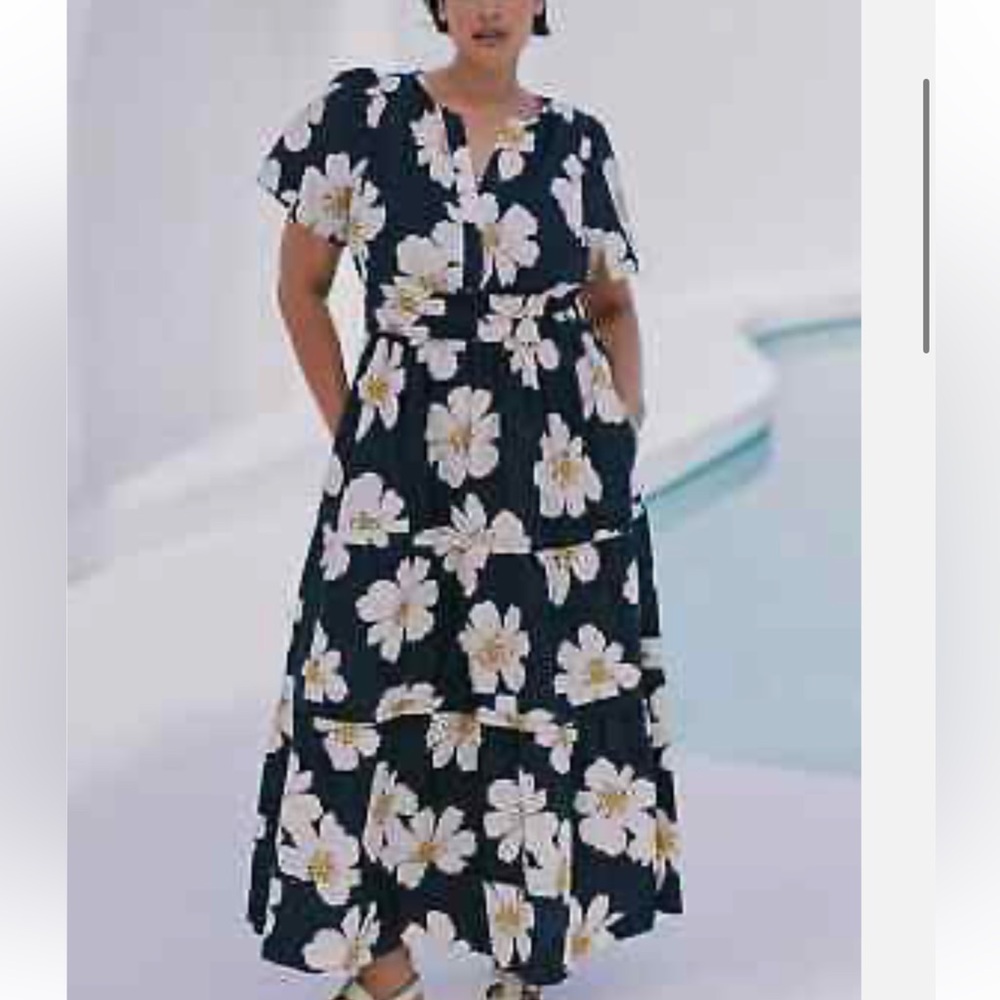 Anthropologie Navy Maxi Dress with White Floral Print